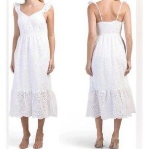 Sincerely Jules Midi Eyelet Dress M White Tiered Coquette Beach Cottagecore Trad
